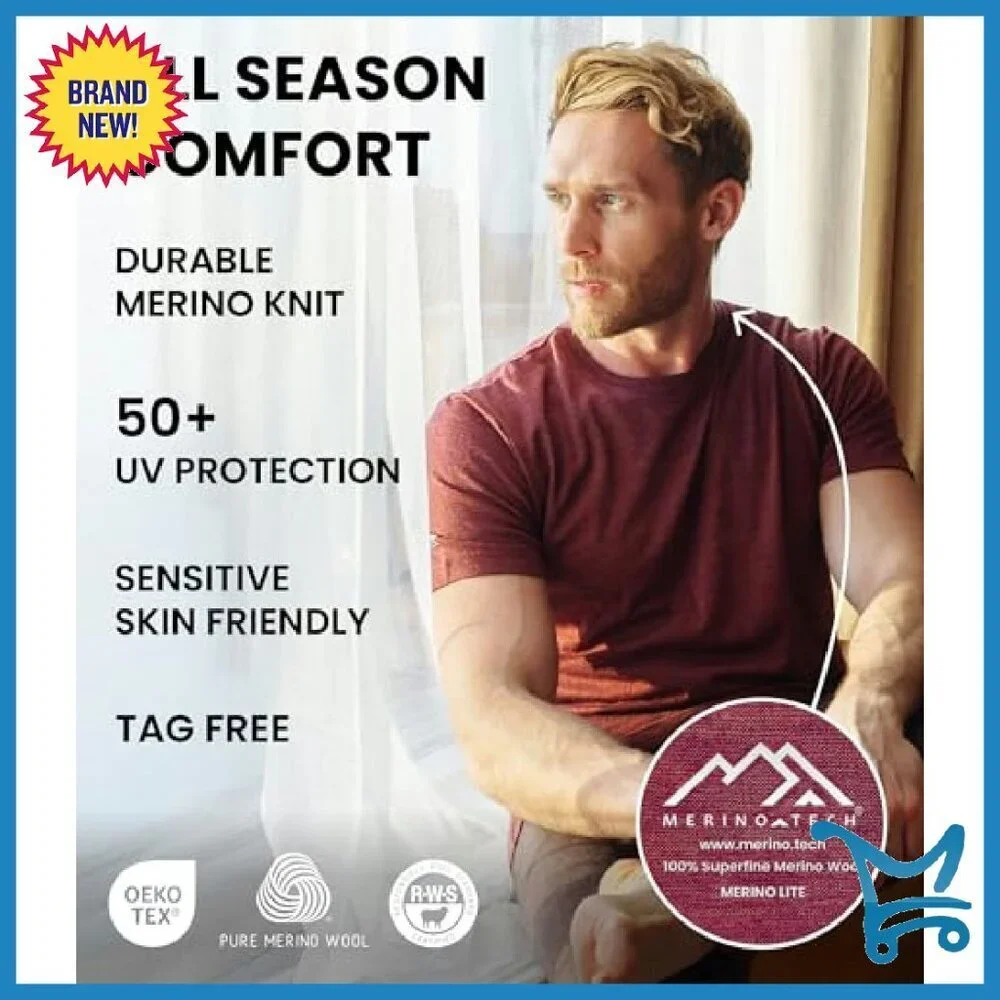 Men's Merino Wool Thermal T-Shirt Lightweight All-Season Base Layer